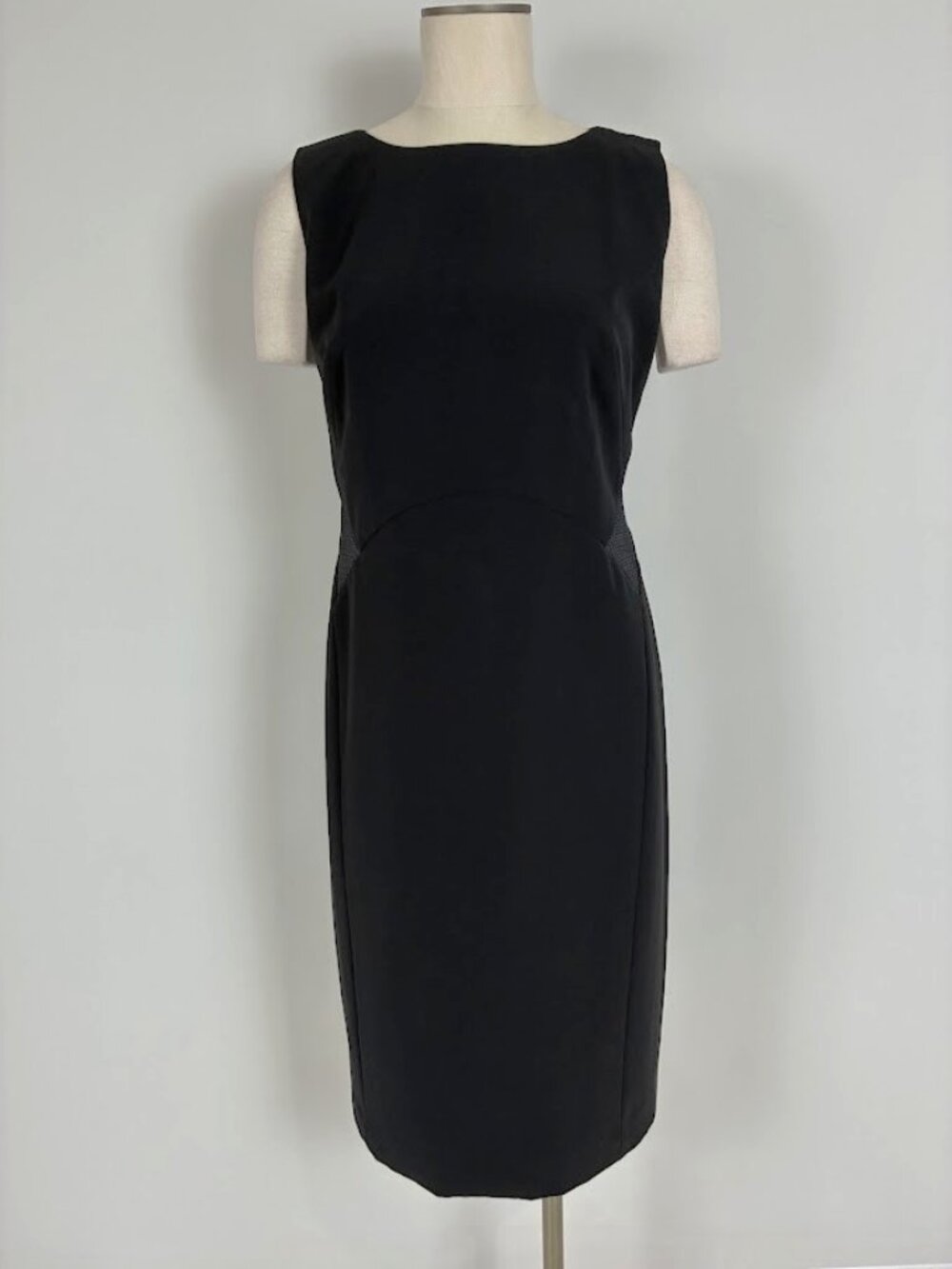 Lafayette 148 New York Black Sheath Dress Sz 12 Mesh Back Contrast Trim Midi